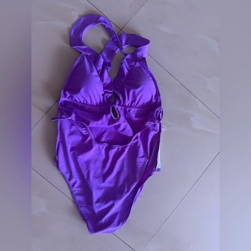 swimsuit one piece ruffles purple M  Summer Beach Cruise Sexi Bathing Suit